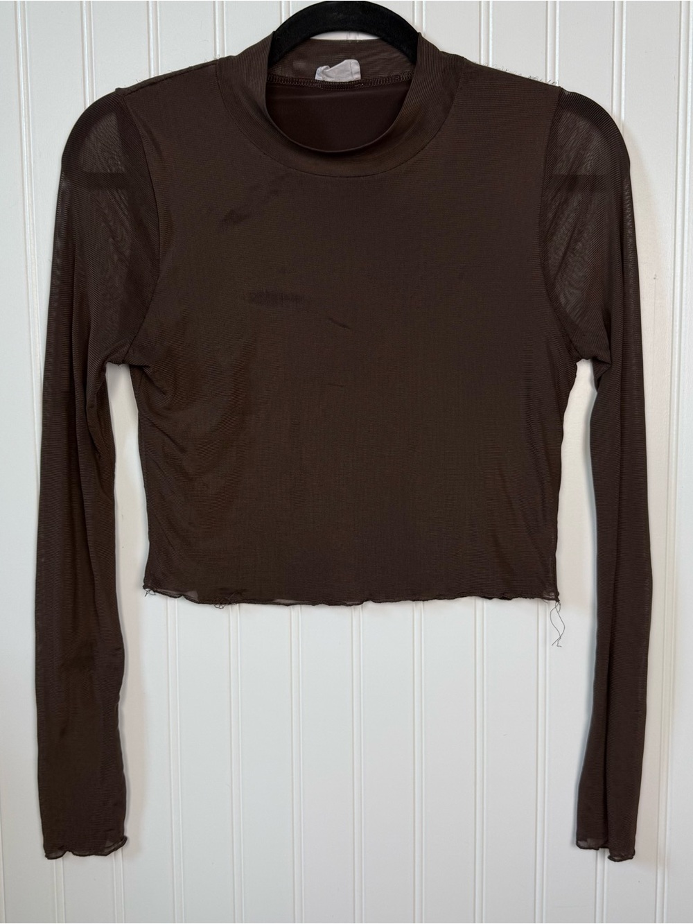 Cotton On Brown Sheer Mesh Mock Neck Long Sleeve Crop Top | Medium | Y2K